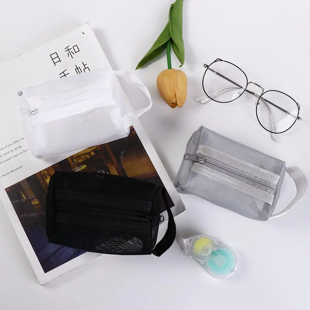 Bolsa de armazenamento de malha transparente portátil, bolsa de nylon com zíper, pequena bolsa de moedas, chave, cartão, bolsa cosmética transparente para meninas