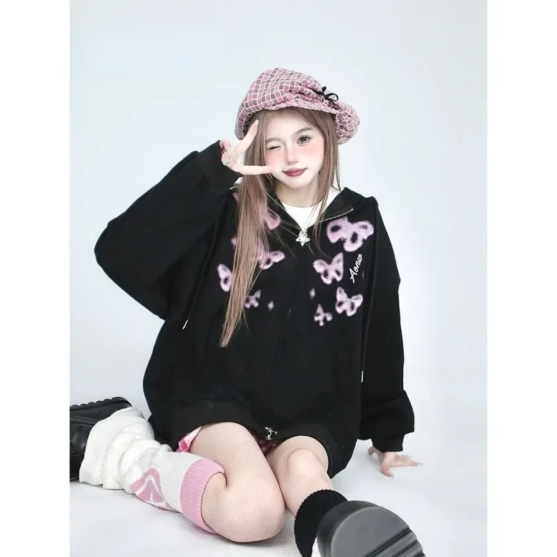 Black Gothic Chic Zipper Sweatwear Coat Women Clothing Hooded Top Lace-up Butterfly Print Sweet Y2k Hoodies Long Sleeve