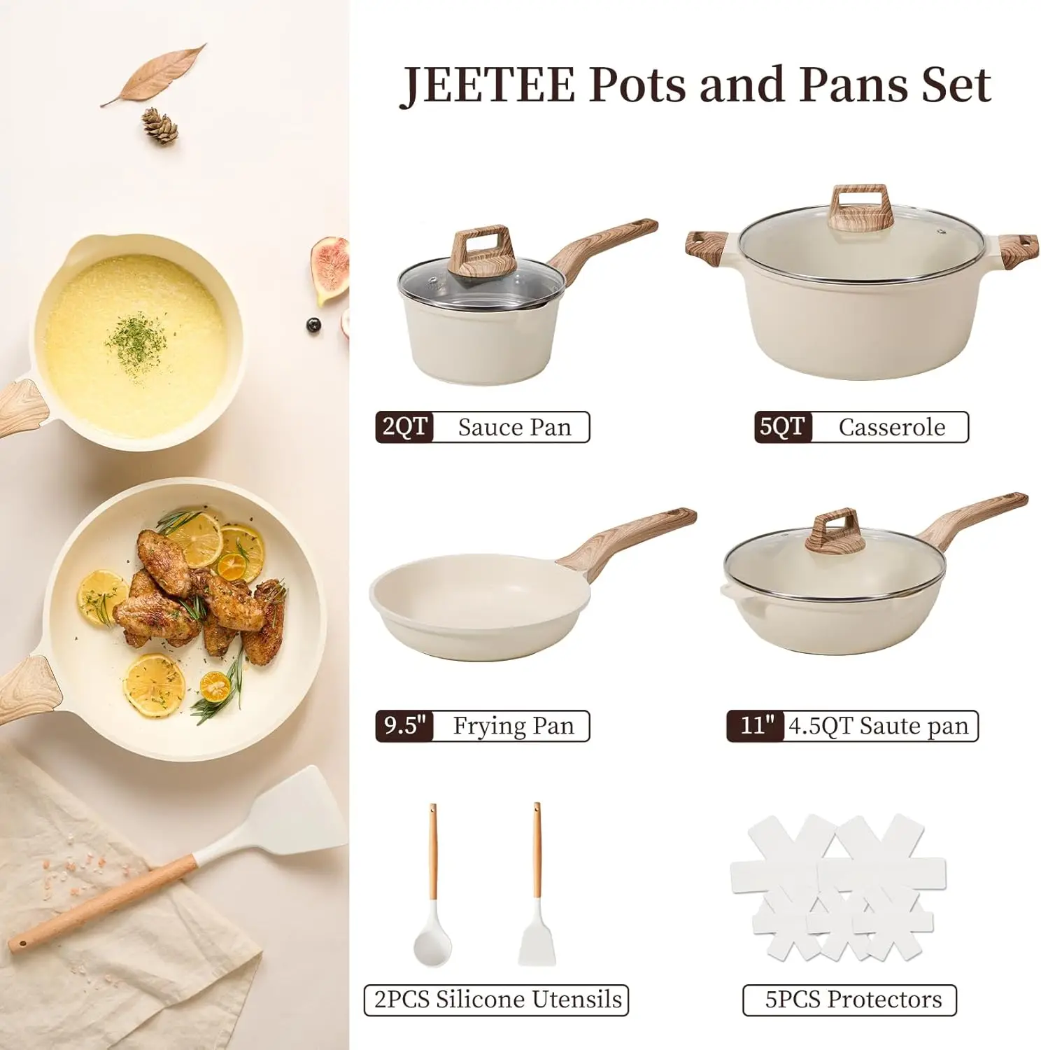 JEETEE Pots and Pans Set Non Stick, White Granite Kitchen Cookware Set, 14 Pcs Induction Cooking Set w/Frying Pans & Saucepans