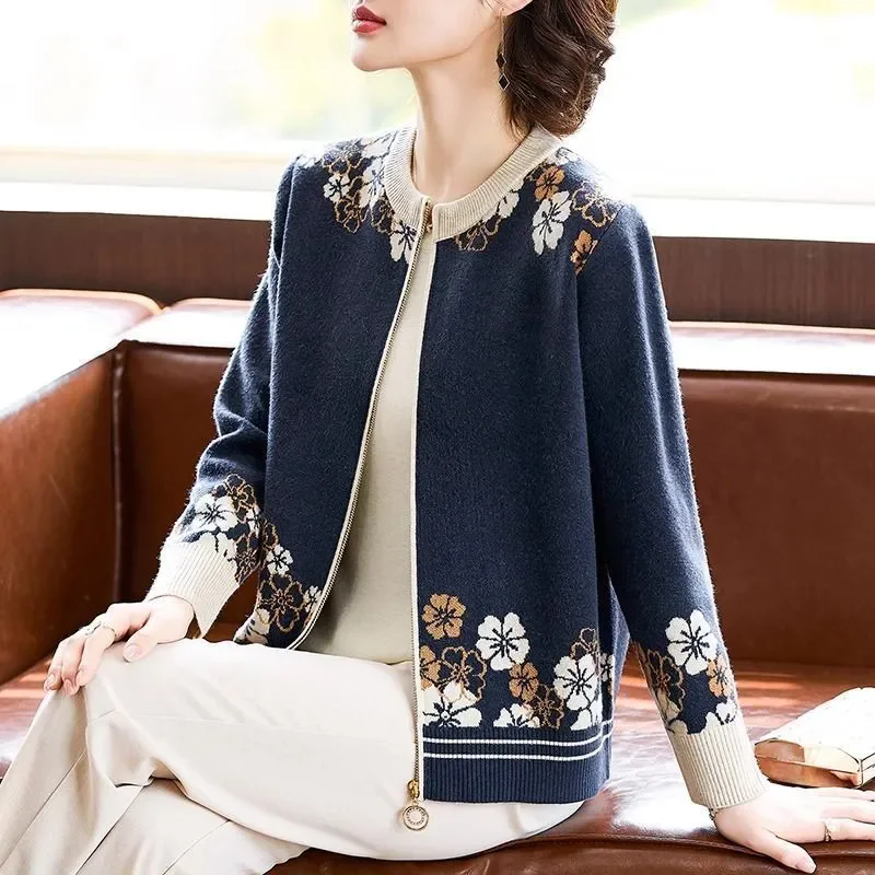 Nowa Wiosenna Jesienna Odzież Elegancka Luźna Dzianinowa Kurtka Swetrowa Damska Krótka Odzież Wierzchnia Luźny Nadruk Długi Rękaw Cienka Kurtka Dzianinowa