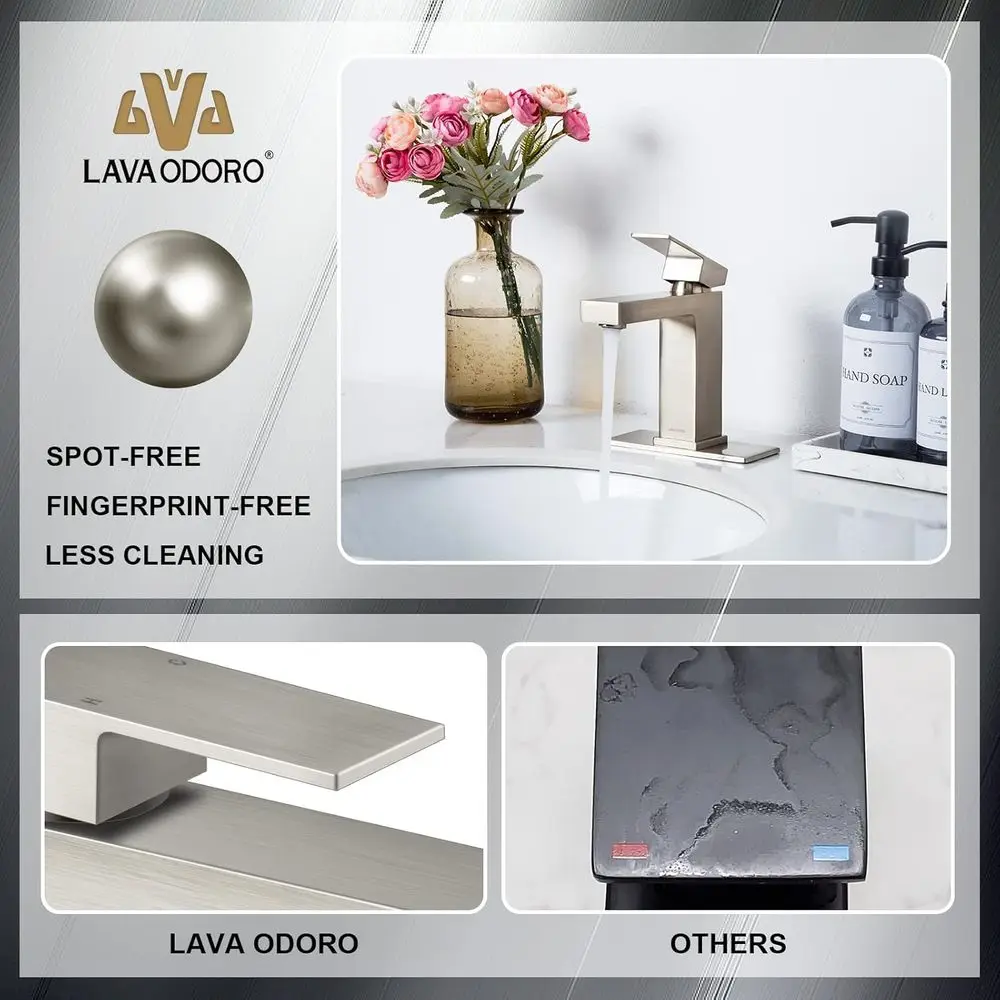 ブラッシュニッケル シングルハンドル洗面台蛇口 ポップアップ排水口付き、デッキプレート付属、BF307-BN