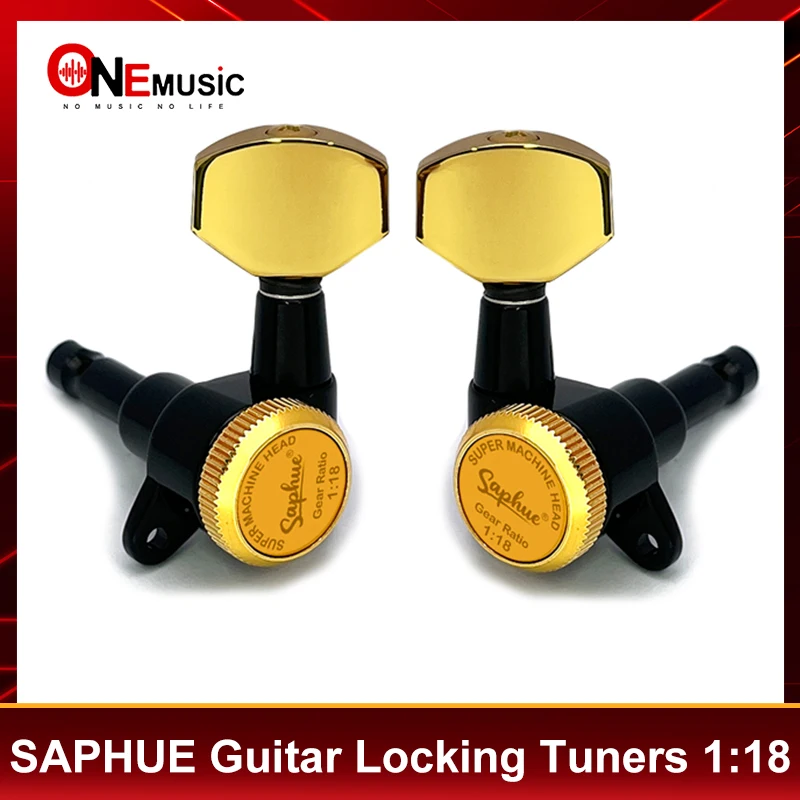 SAPHUE Guitar Locking Tuners 1:18 Lock String Tuning Key Pegs Machine Head for Electric, Folk or Acoustic Guitars Black+Gold