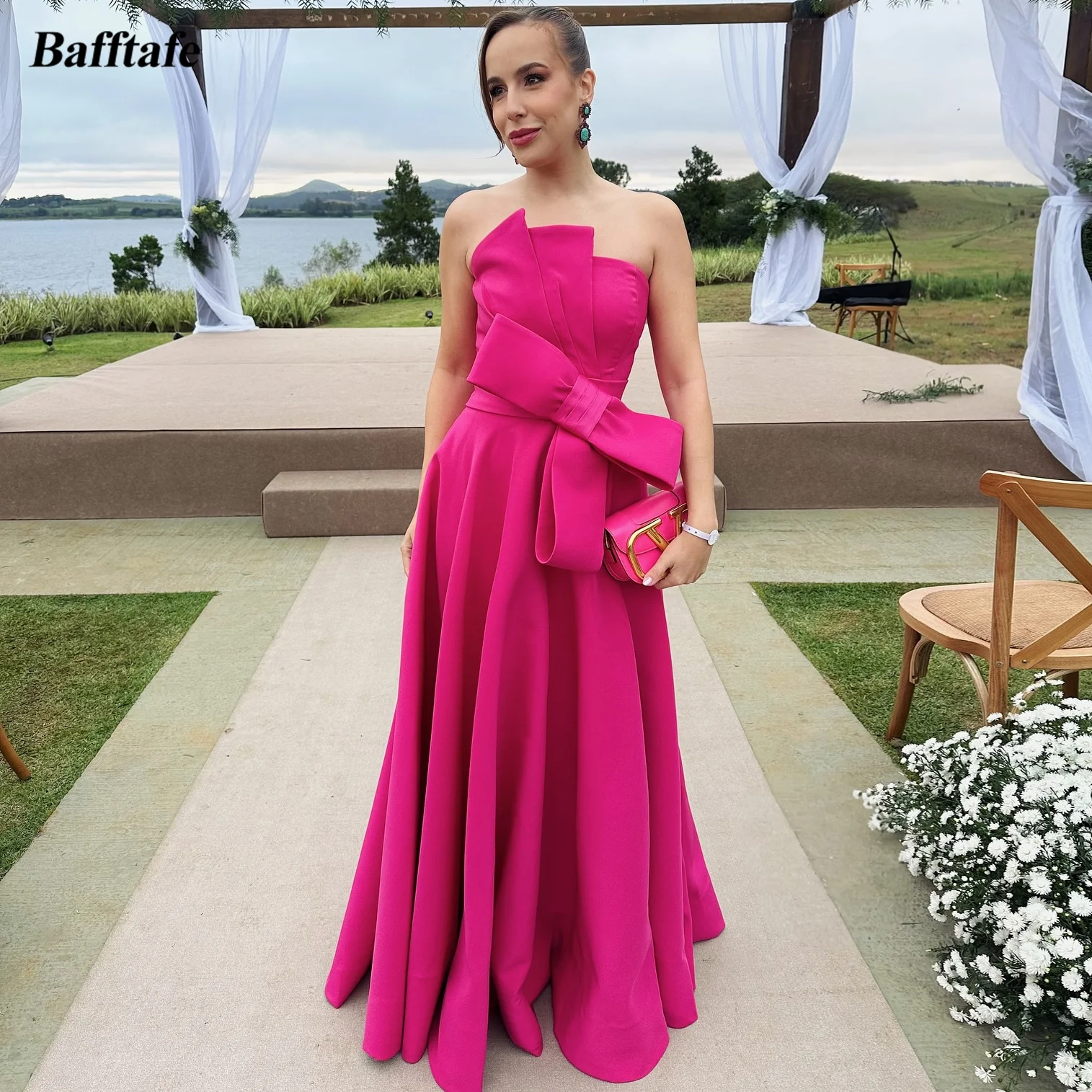 

Bafftafe Simple Satin Fuchsia Evening Dresses Customized Bow Pleated Long Formal Prom Gowns Long Women Bridesmaid Party Gowns