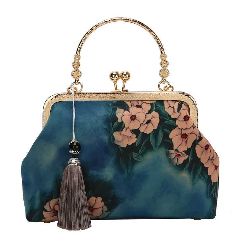 Chinese style printed cheongsam bag, elegant retro clip on handbag for women, classic ancient style small bag, carrying mom bag