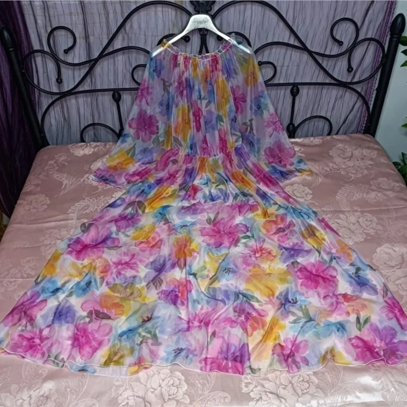 

Couple Glossy Floral Print Sheer Ruffled Women Gauze Tulle Long Sleeve Dress Loose Lace Up Maxi Dress Plus Size Sleeping Robe