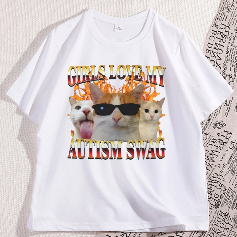 Girls Love My Autism Swag Funny Cat Meme T-shirt Cats Lover Silly Tshirt Casual Cotton Short Sleeve Printed T Shirt Streetwear