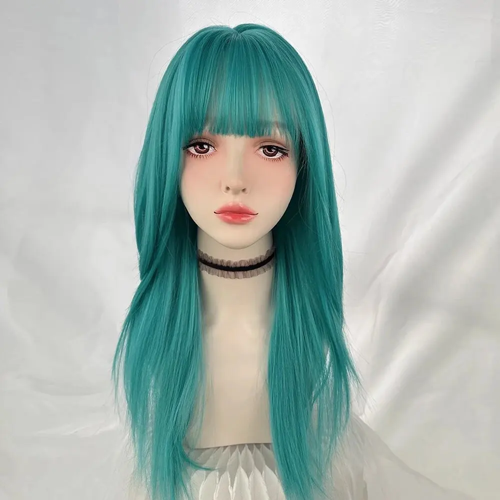 Green Blue Synthetic Long Straight Women Wig With Bangs Cosplay Fluffy Heat Resistant Wig For Daily Party