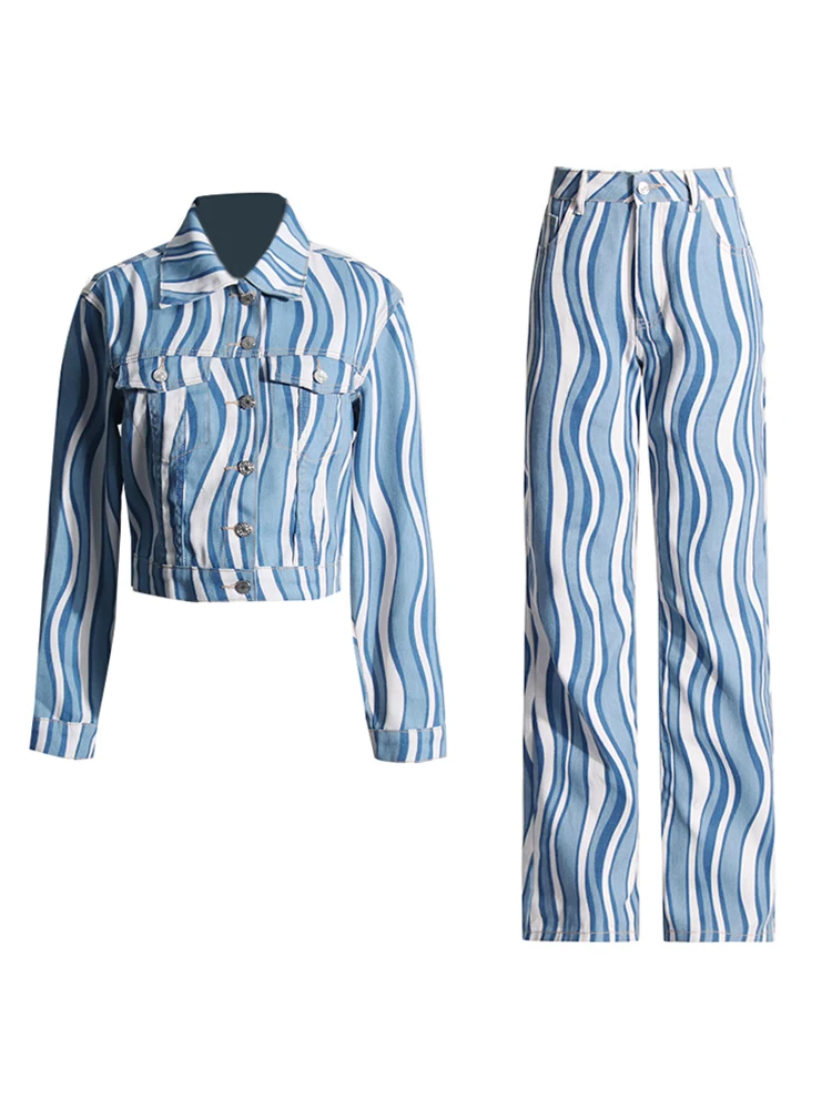 VGH アメリカン ストリート スレオルト ウェーブ パターン デニム ジャケットと染められたフロアレングス パンツ セット 女性向けのファッショナブルでトレンディなアイテム