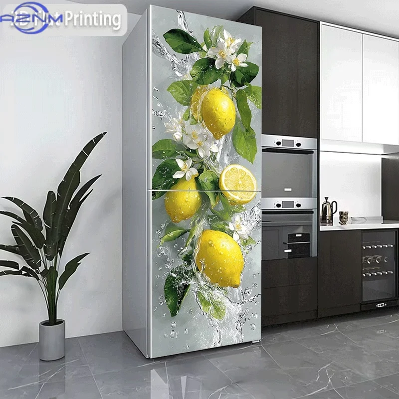 2D Flat Printing 1pc Refrigerator Sticker 60×180cm, Fresh Lemon Shower Water Floral Branch Design, Self-Adhesive Wall Decal Wa