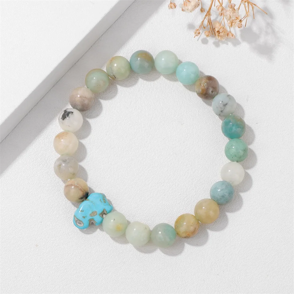Blue Turquois Elephant Charm Bracelet Natural Pink Quartzs Amazonite Stone Bead Bracelet Cute Animal Elephant Charm Bangle Gift view 2