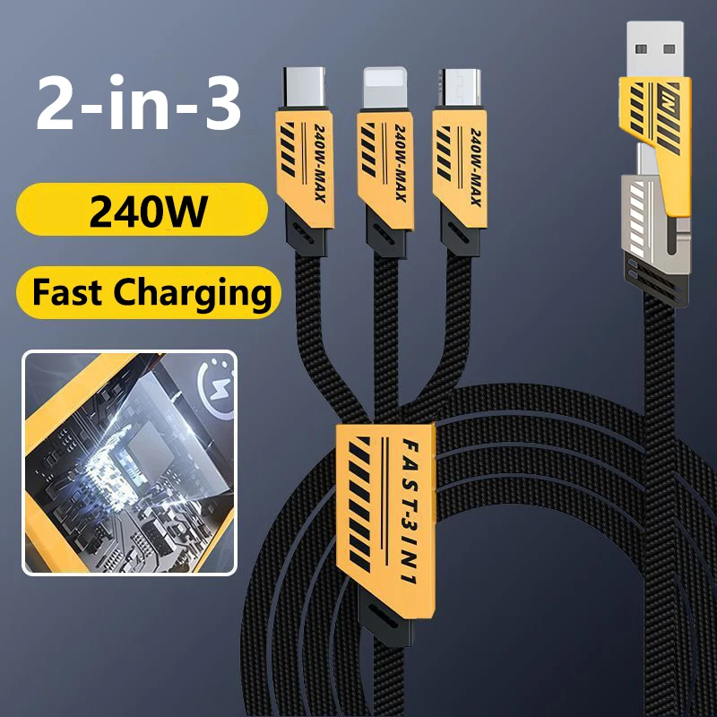 240W Multi Charging Cable 1.2m 3 In 2 Port Fast Charge Cord Compatible Type-C Micro USB Mobile Phones