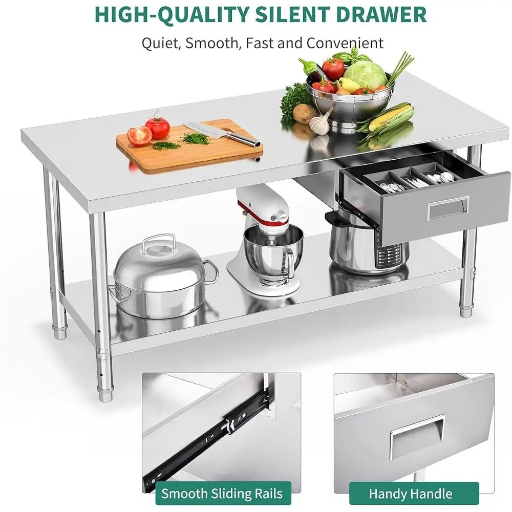NSF Stainless Steel Work Table with Silent Drawers Adjustable Undershelf Metal Prep Table Kitchen Garage Restaurant Use
