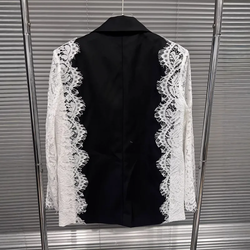 HKSH Women Chic Blazer Lace Patchwork Color Block Notched Collar Double Breasted Elegant Trendy Jacker New Spring Autumn HK20168