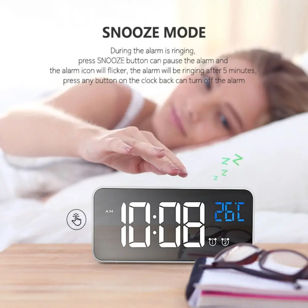 Mirror LED Digital Clock Brightness Adjustment Music Function Music Alarm Clock Week Display 12/24H Desk Clock Bedside Use
