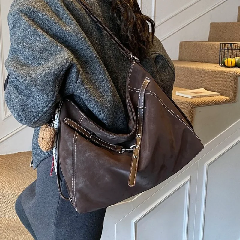 

Casual Deep Brown Suede Tote Bag, Simple & Stylish with Contrast Stitching, Lightweight Handbag for Shopping & Travel Handbags