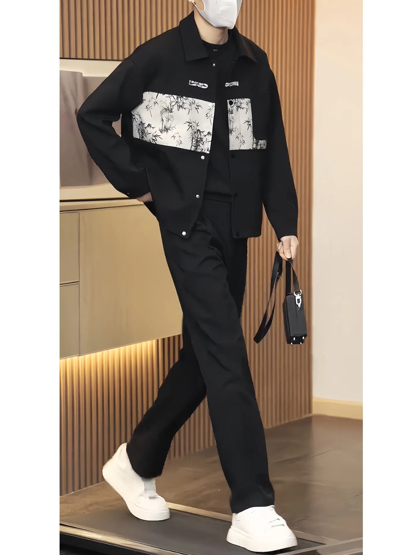 

New Chinese Sle Men's Jaet Loose Fit Collarl Spliced Outerwear Autumn Top Trendy Versatile Polyester Fiber Long Sve