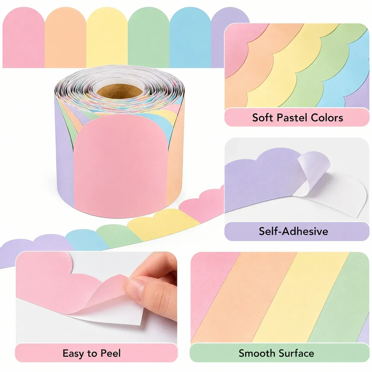 Pastel Scalloped Border Sticker Roll, Self-Adhesive PVC Bulletin Board Trim for Teachers Students Classroom Party Decor