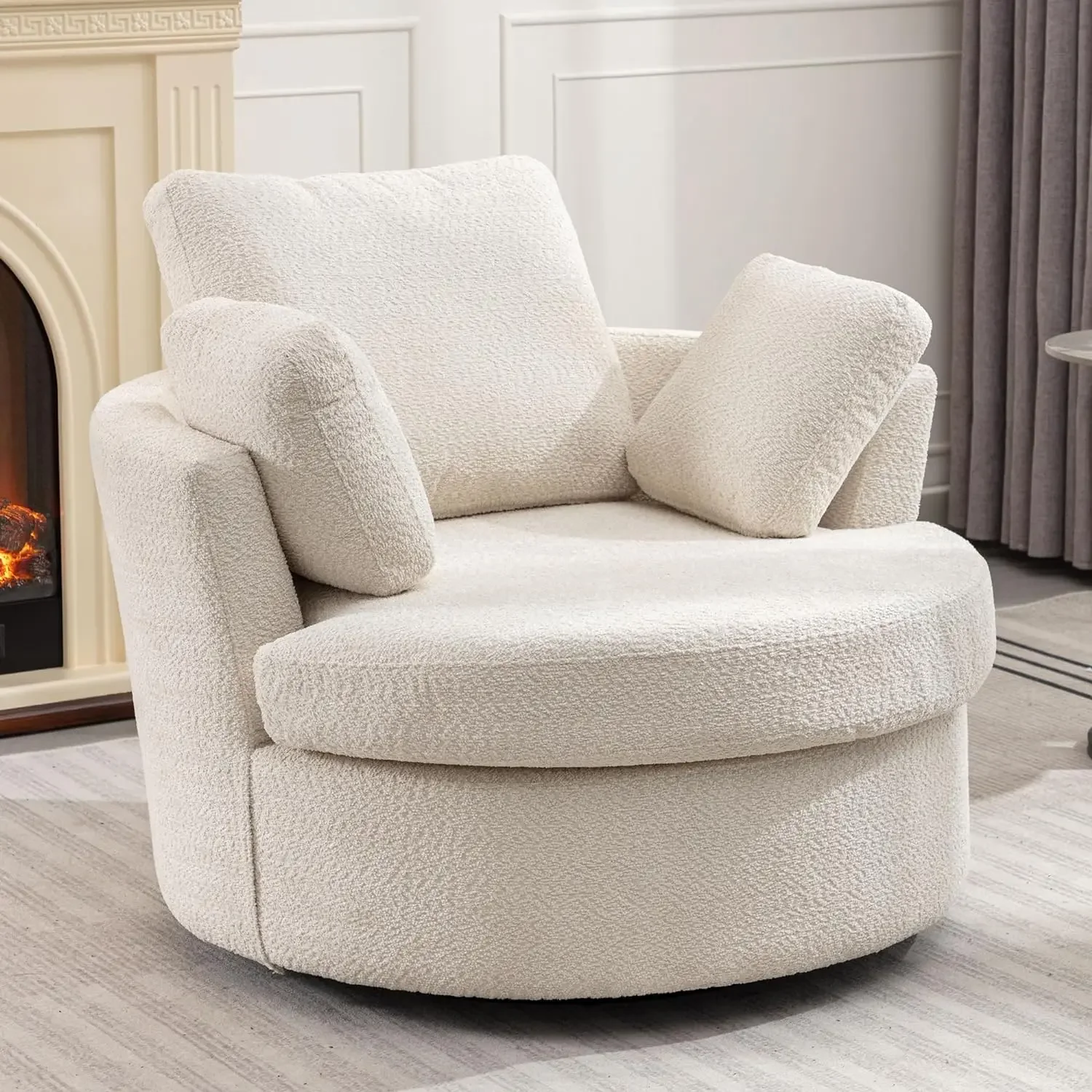 Round Swivel Chair Cozy Club Swivel Sofa with 3 Pillows Fabric for Living Room Lounge Hotel Barrel Chair Oversized Accent Chair