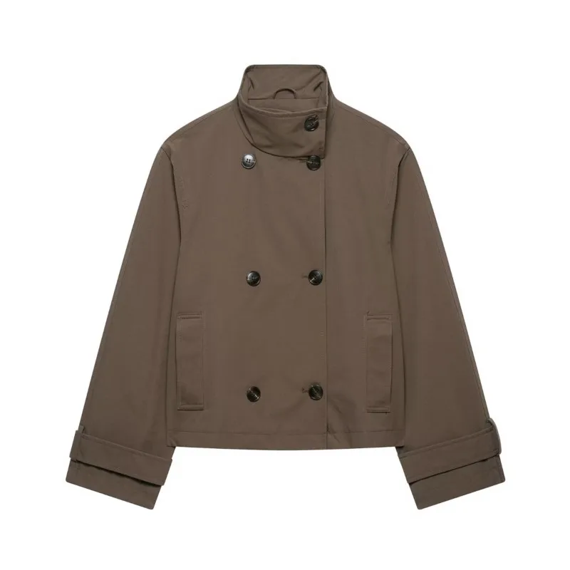 

Women's Short Jacket New 2026 Spring Vintage High-Neck Double-Breasted Women Coats Fashion Outwear Female Trench Coat Tops