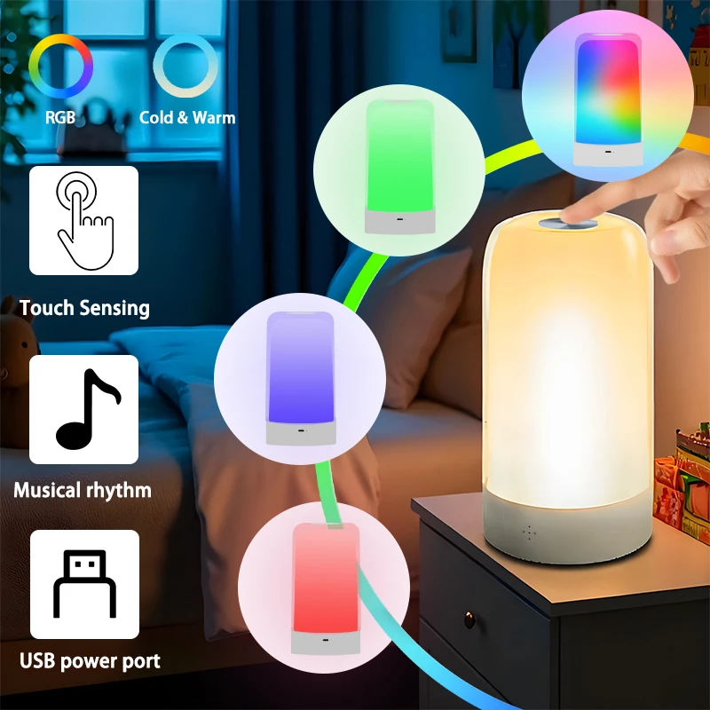 

Настольная лампа для спальни, прикроватная лампа, цветной режим, пульт дистанционного управления, сенсорный регулируемый USB, портативный ночник волшебного цвета