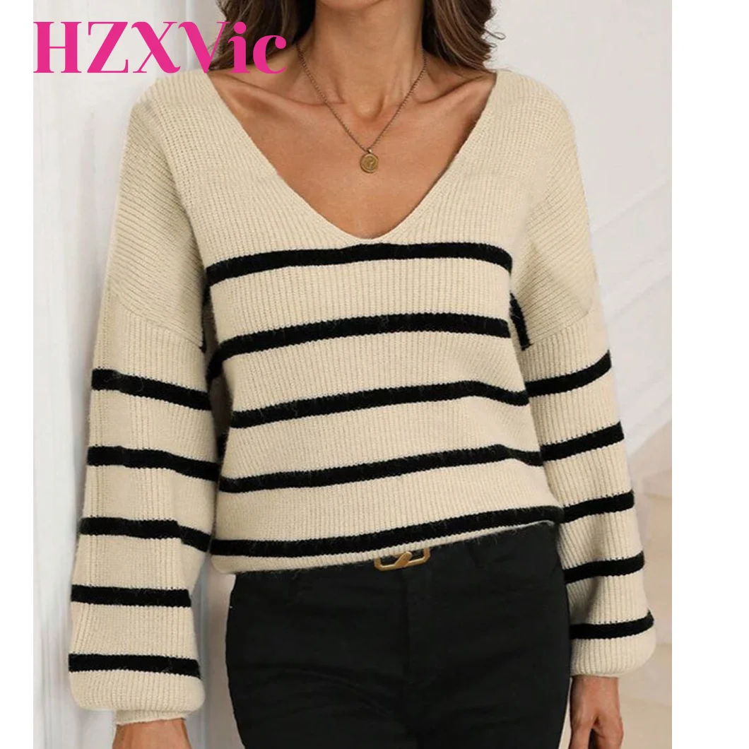 

HZXVic Женские свитера Элегантный полосатый контрастный свитер Свободный кардиган с галстуком-бабочкой
