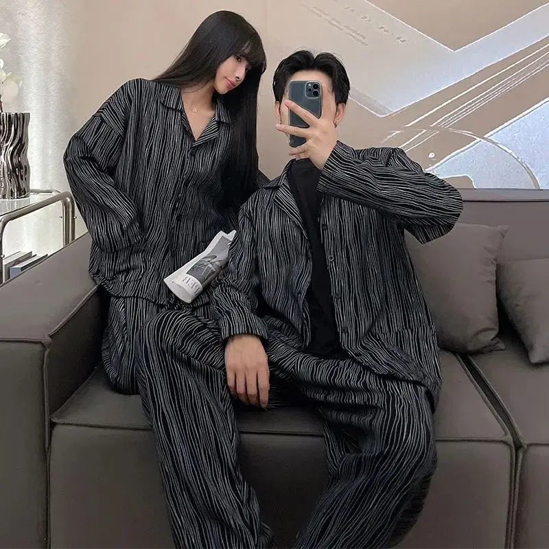 Couple Pajamas for Men Striped Sleepwear Korean Sleeping Night Wear Button Pijama 2 Pcs Pants Sets Autumn Pocket Home Suit 2024