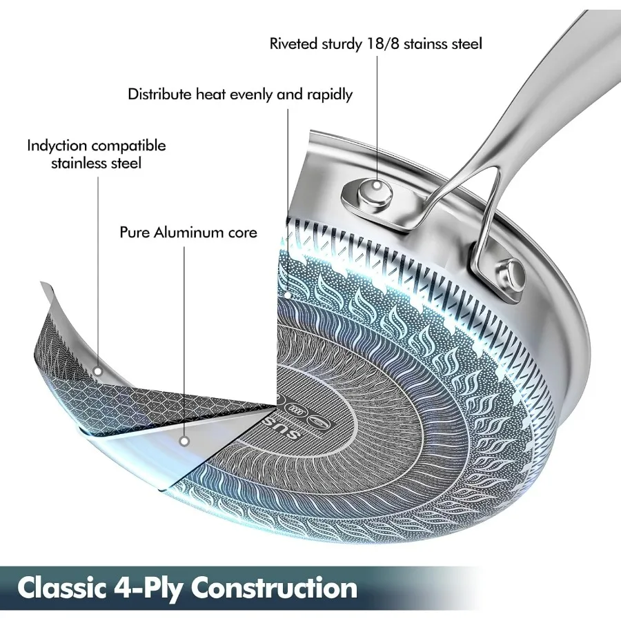 طقم أواني ومقالي من الفولاذ المقاوم للصدأ غير لاصقة هجينة، طقم أواني طهي حثي مع أغطية من الزجاج المقسى، وعاء غير لاصق ومجموعة مقلاة Su