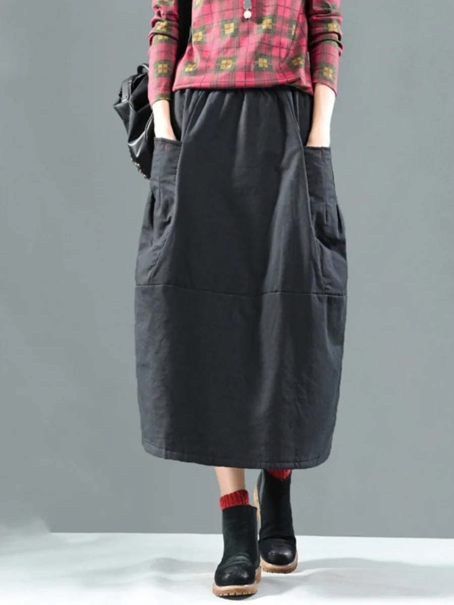 Retro bawełniana spódnica Thiened na jesień, zimę i wiosnę, damska, luźna, w kształcie litery A, ciepła, wyszczuplająca, z elastyczną talią, uniwersalna, długość do połowy łydki.