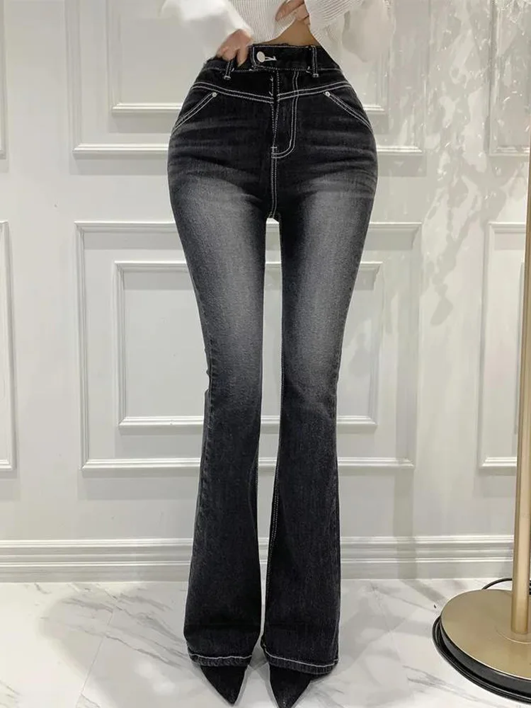 Casual High Waisted Elastic Denim Slim Fit Flared Pants 2024 Autumn New Fashionable Women'S Clothing