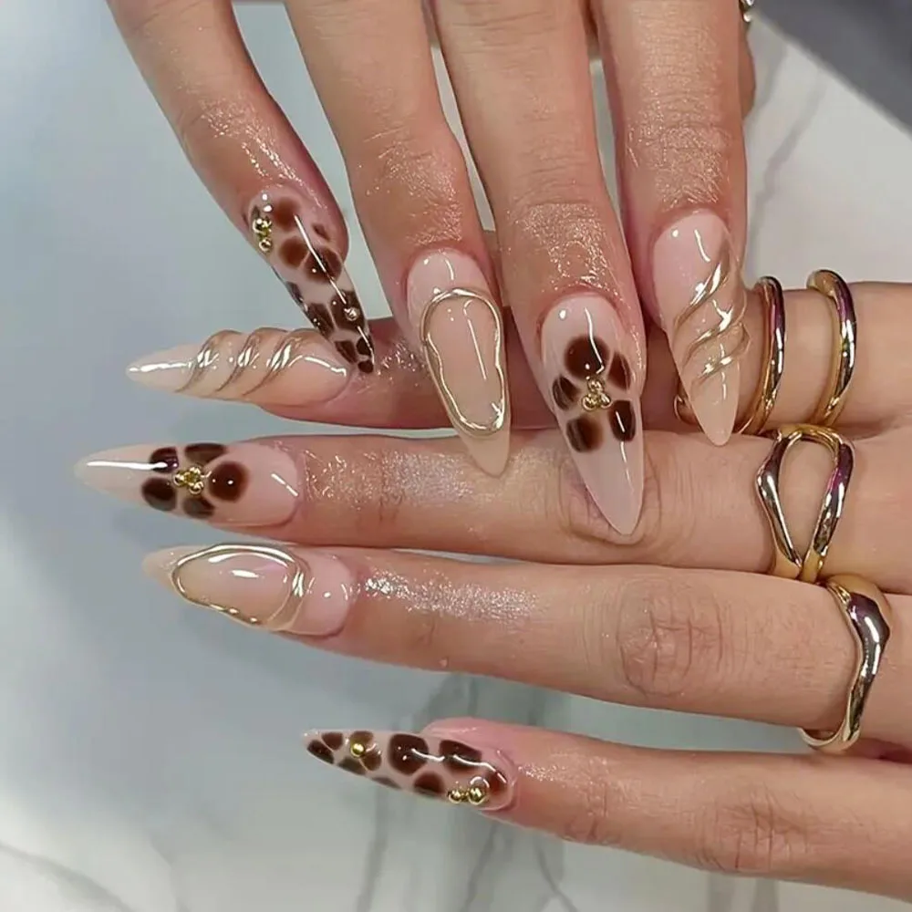 24Pcs Almond Press on Fake Nails 3D Flower Pearl with Maillard Leopard Print French Nail Full Cover Wearable False Nail Tips Art