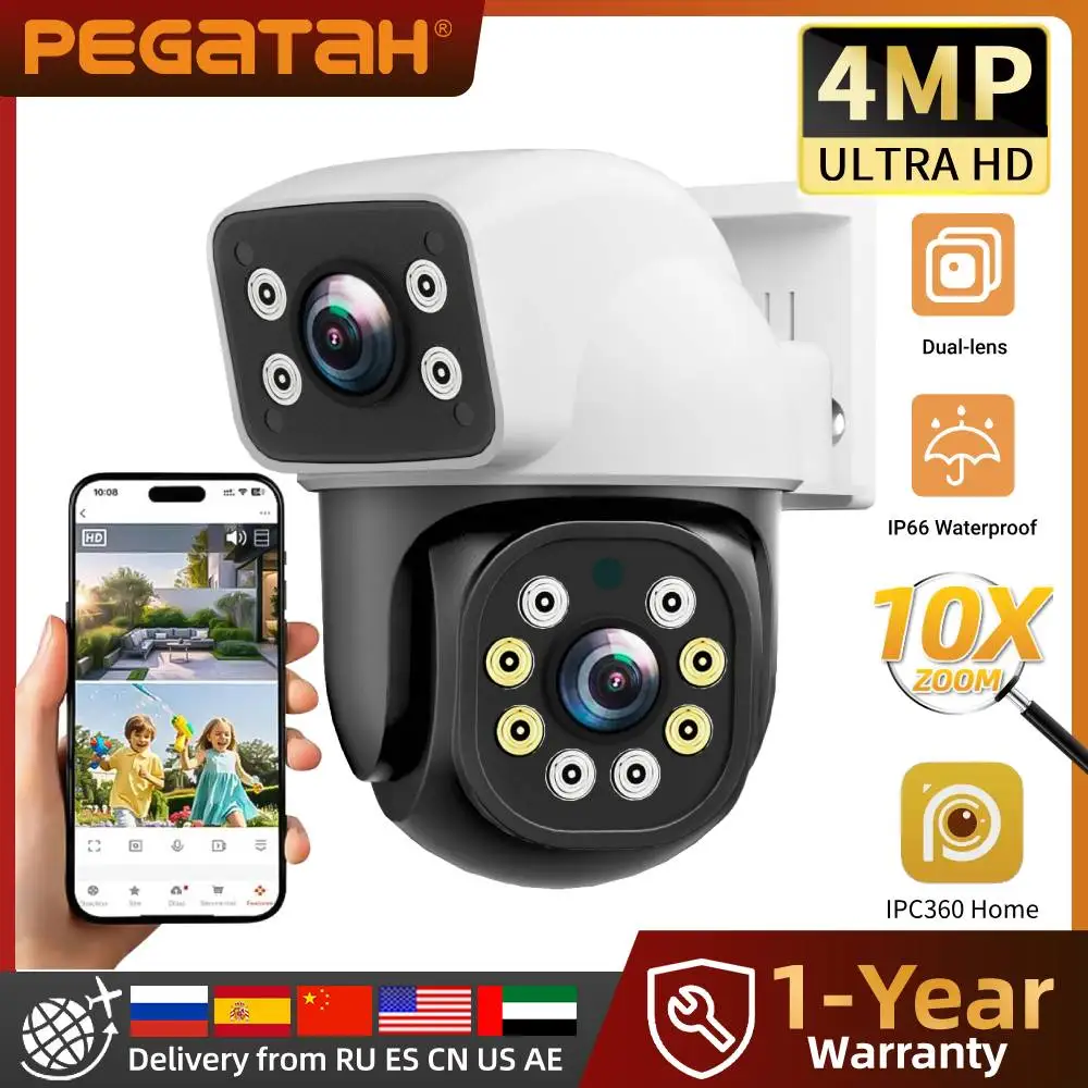 PEGATAH 4MP WIFI  Security Protection Outdoor Surveillance Camera Dual Lens 10X Zoom Human Detection Night Vision Smart Home Cam