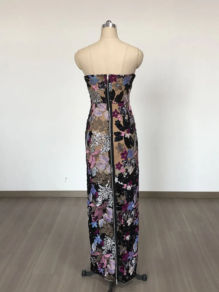 Sexy Strapless Embroidery Flower Sequin Long Dress Women Sleeveless Luxury Sequins Floral Slim Dresses Evening Party Cocktail