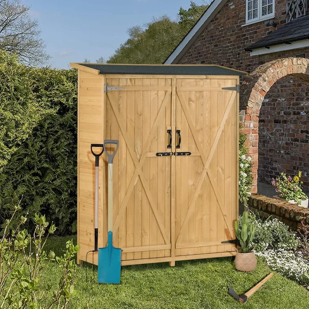 Outside Vertical Shed With 2 Double Doors Outdoor Sheds Natural Outdoor Wooden Storage Cabinet Waterproof 2 Locks & Handles Home