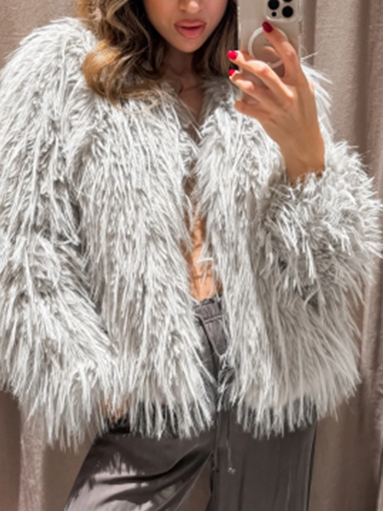 Damska kurtka z długim rękawem, imitacja naturalnego futra, jednolita, zimowa, z okrągłym dekoltem, ciepła, z kieszeniami, luźna, casualowa odzież wierzchnia.