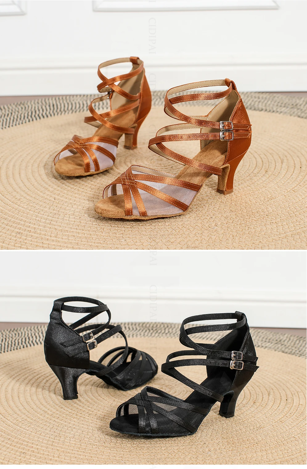 CINMIDY Braune Seiden-Satin Tanzschuhe Weiche Sohle Mesh Salsa Tango Latein Tanzschuhe Ballsaal Party Sandalen Damen Hochzeitsschuhe – Detail 3