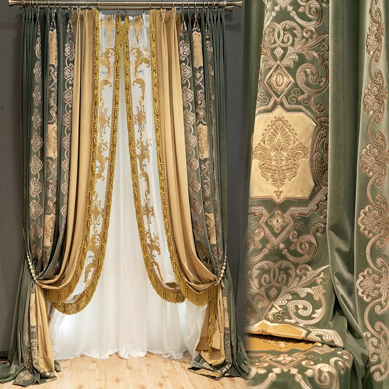 Custom curtain European villa vintage green flannelette embroidery thick velvet cloth blackout curtain tulle drape C1498