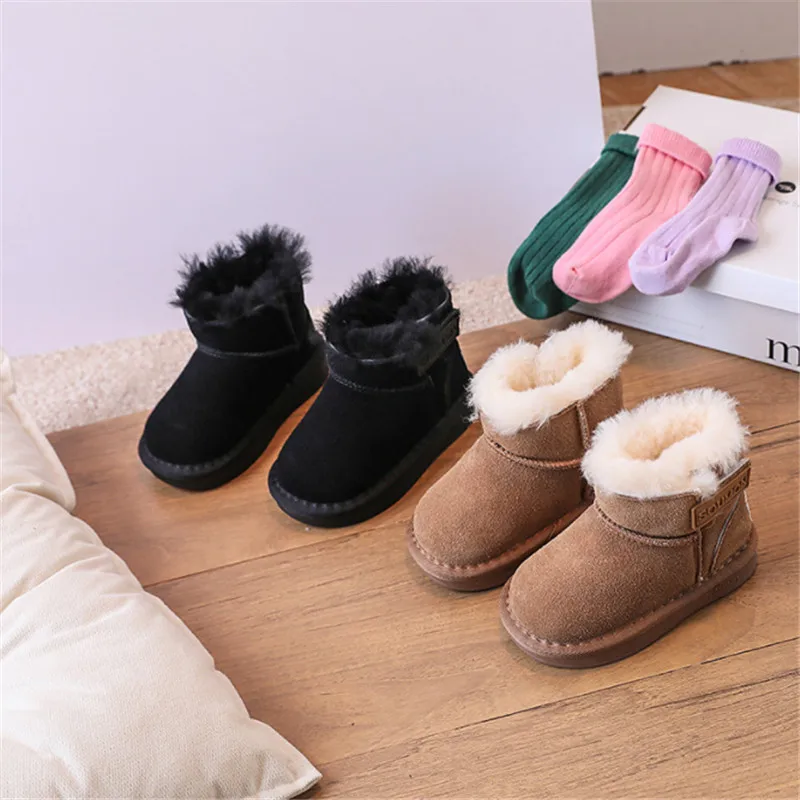 2023 New Winter Baby Boots Genuine leather Warm Plush Little Boys Shoes Non-slip Fashion Toddler Girls Snow Boots