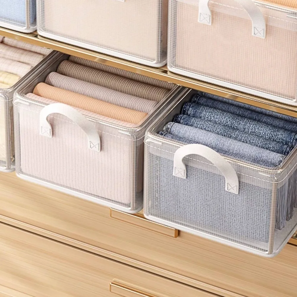 Caixas Organizadoras Dobráveis de PVC Transparente com Estrutura de Aço Resistente, Empilháveis, para Suéteres, Brinquedos, Cobertores, com Tampa