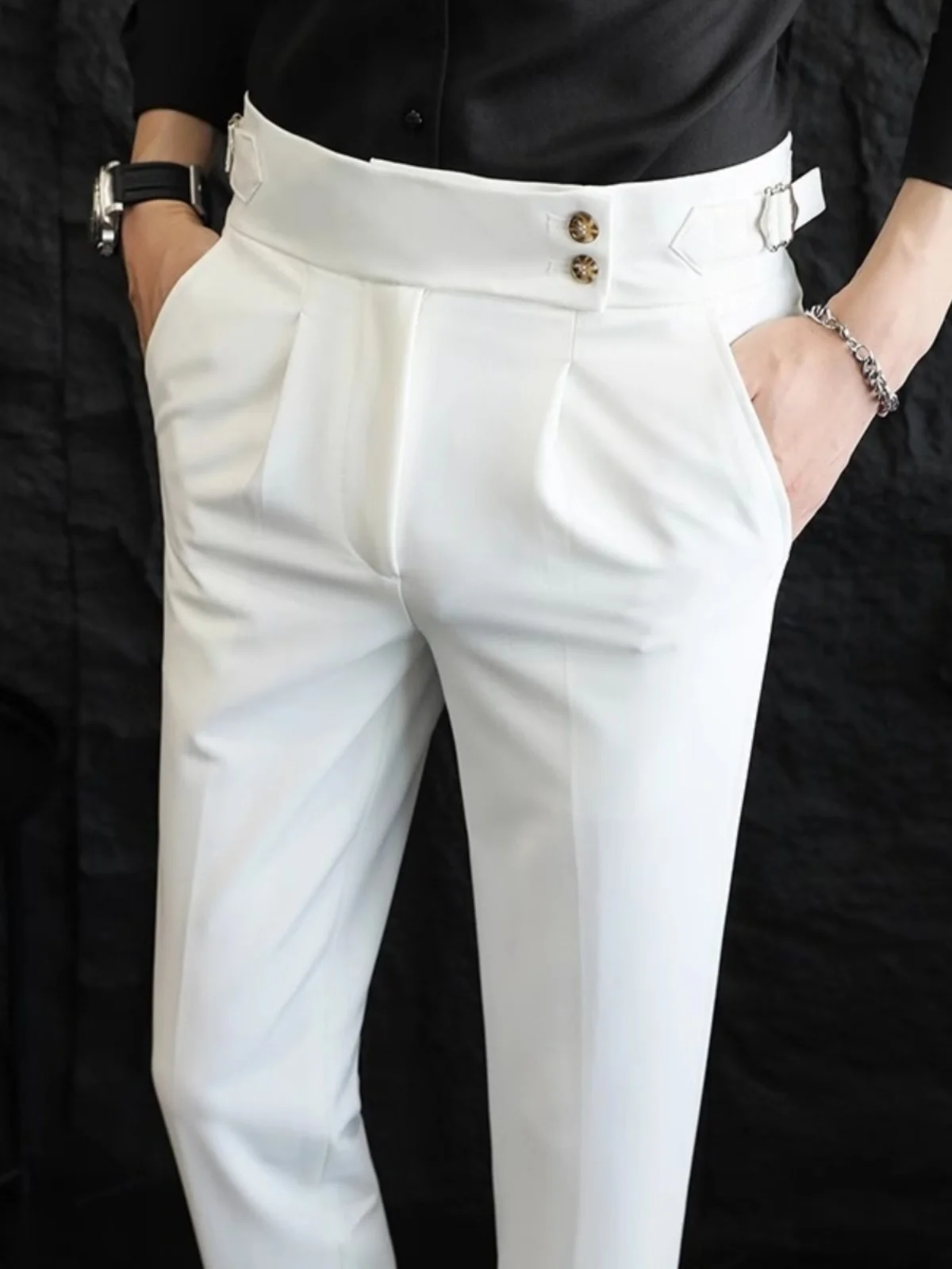 

Naples Men's Suit Pants Paris Button Casual Tailoring High Waist Trousers Drapey White Straight Leg Busin Casual Sle