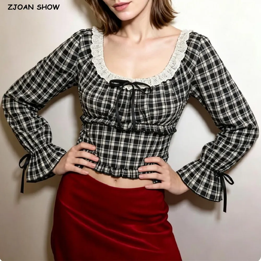 2026 Girl's Plaid Spliced Lace bow O neck Long Puff Sleeve Shirt Women Elastic Back Slim High Waist Hem Blouse Cropped Tops
