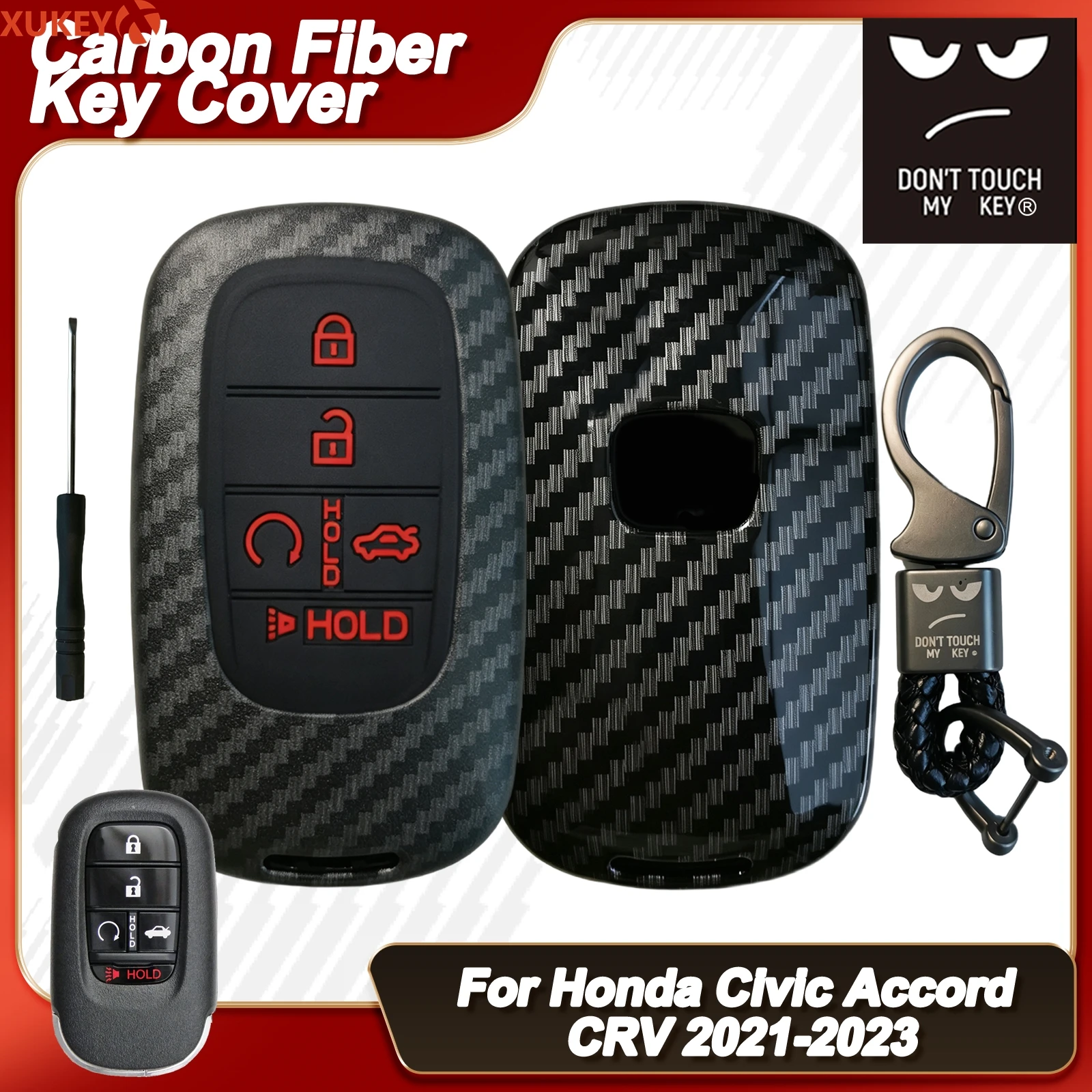 For Honda Civic Accord Passport CRV 2021 2022 2023 Carbon Fiber 5 Button Car Key Ring Chain Case Cover Holder Protector Shell