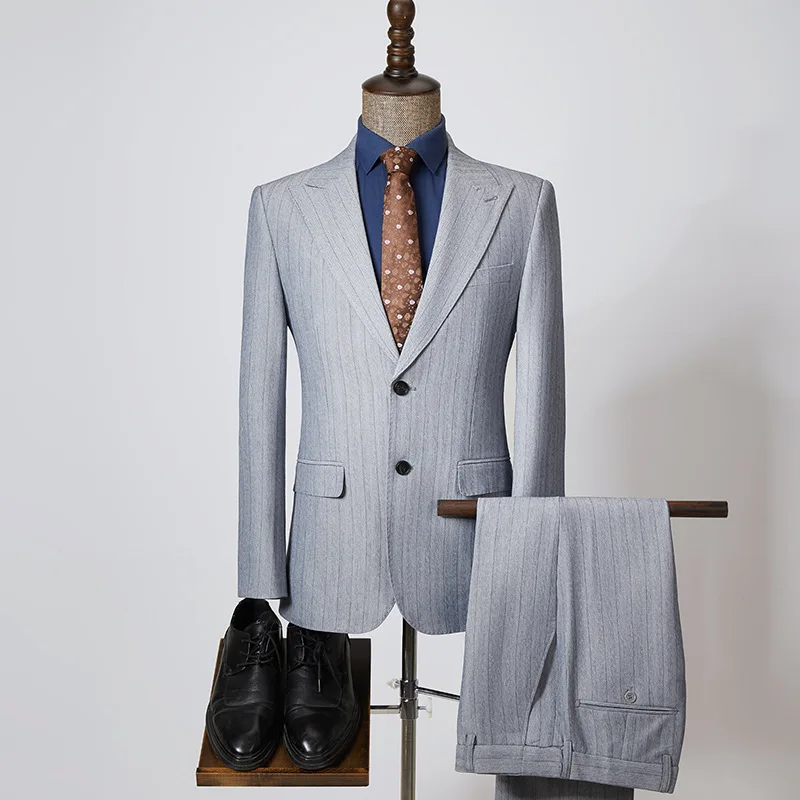 New Button Collar Stripes New Men's Suit Suit Korean Version of Gray Striped Leisure Suit Two-piece Suit.