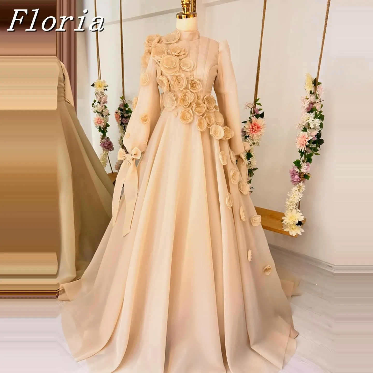 

Mint Green Muslim Caftan Evening Formal Dresses Long Sleeve High Neck 3D Floral Customsized Dubai Arabian Prom Gown Garment