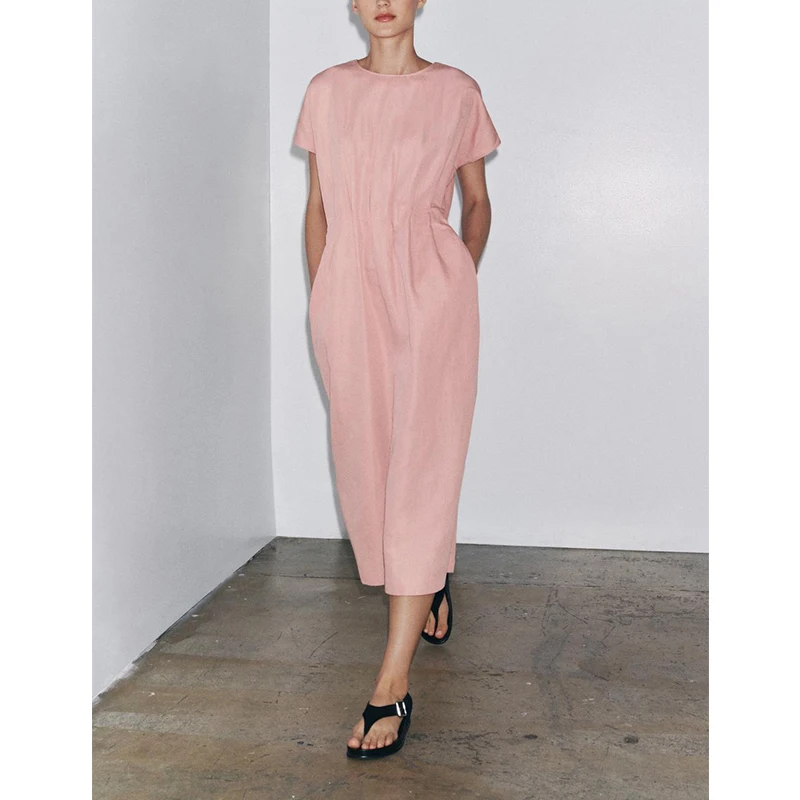 Été nouveau basique rond Ne décontracté plissé ort Sve Midi Dr femmes Polyester fibre taille haute a-ligne jupe Dr