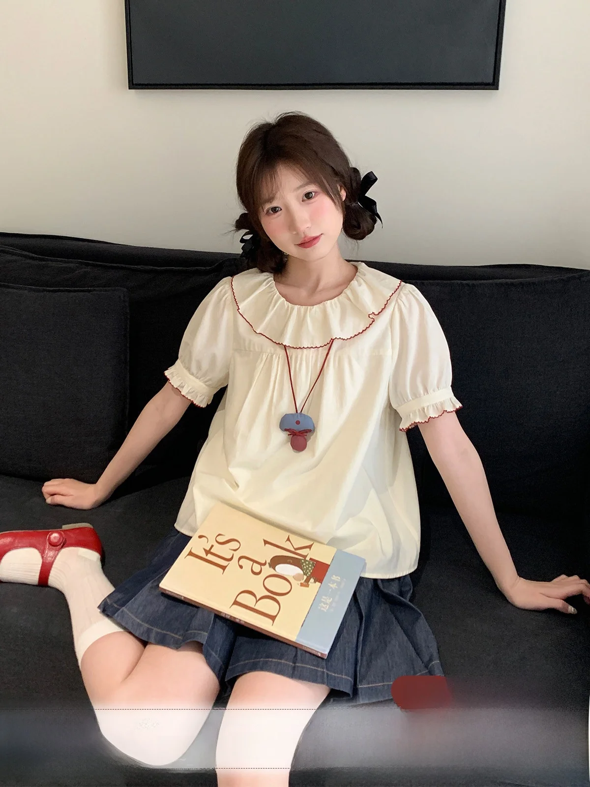 

Женская летняя блузка-бэбидолл свободного кроя с короткими рукавами-фонариками, винтажная, в стиле колор-блок, Moon Tooth