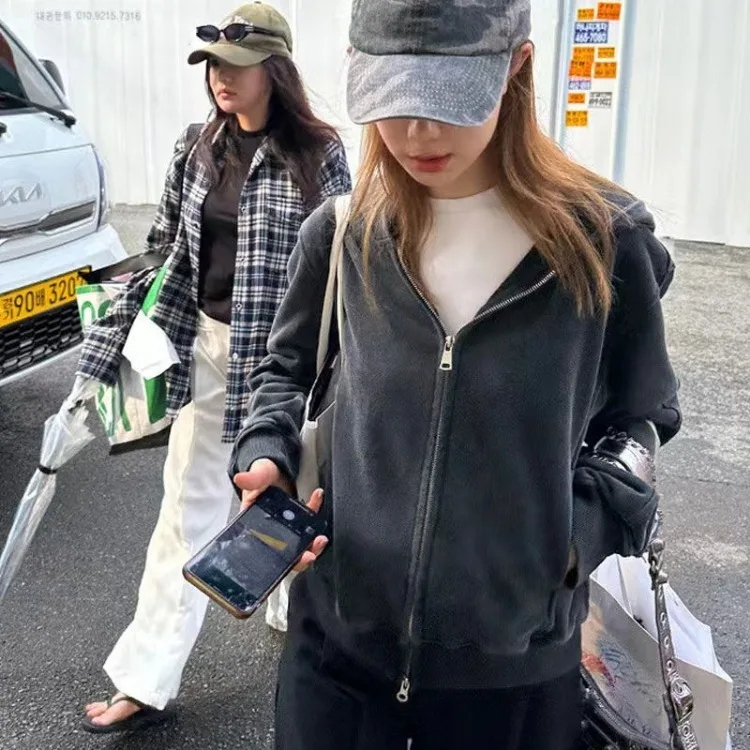 Fashion Vintage Hoodie Sweatshirts Jackets Y2k E-Girl Long Sleeve Zipper Tops Women 2024 New Loose Coats Mujer