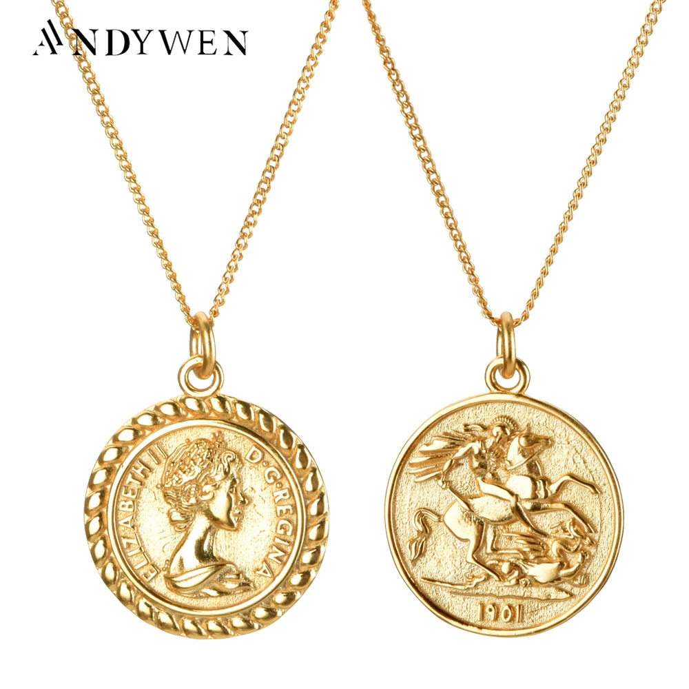 

ANDYWEN 925 Sterling Silve 19mm Women Image Coin Pendant Long Chain Necklace Gold Double Side Horse 2 Types Rock Punk Jewelry