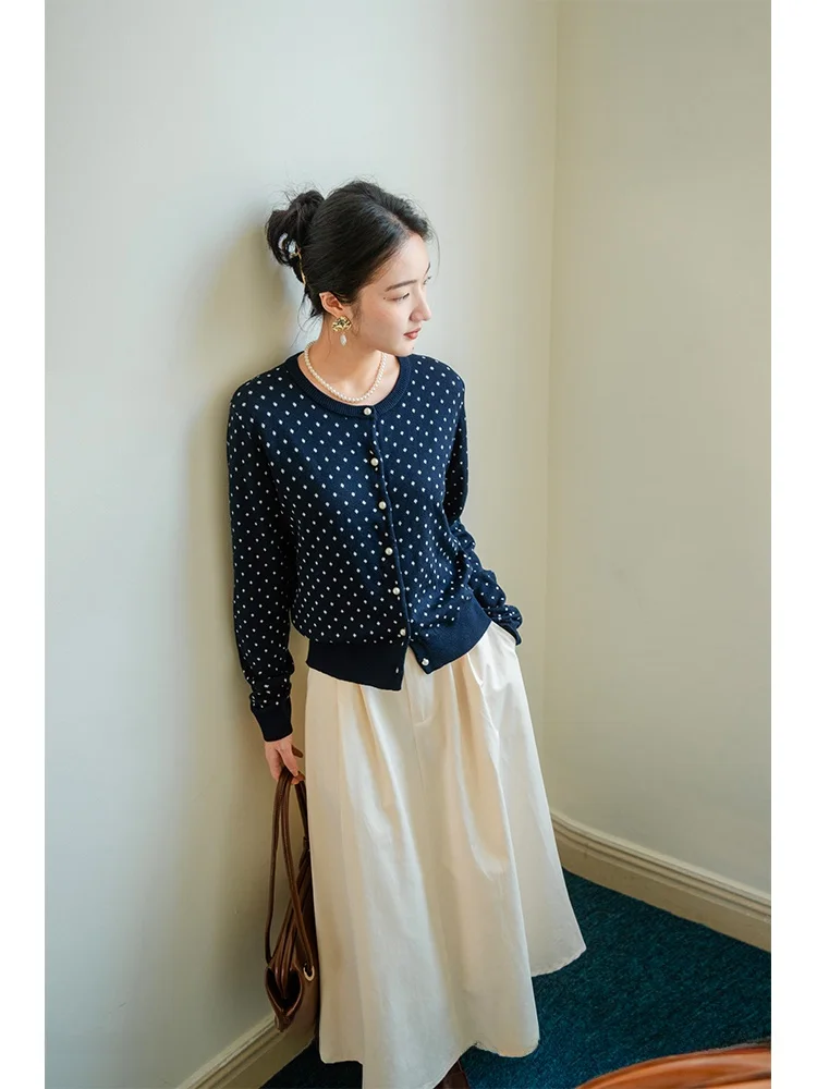 

Slim Fit Long Sve Knitted Cardigan Women's Spring Autumn Polka Dot Open Front Coat ort Sle Small Size White