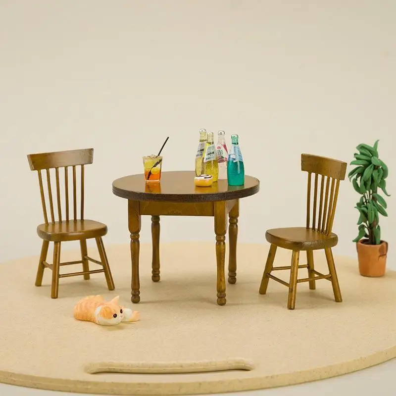 1/3Pcs Miniature Wooden Dining Table And Chair 1/12 Miniature Dollhouse Furniture Pretend Play Simulation Toys