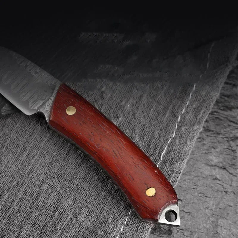 Outdoor Portable 3CR13 Stainless Steel Damascus Pattern Fixed Blade Keyring EDC Practical  Leather Cover